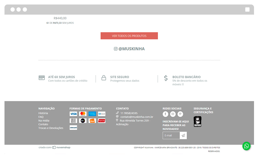 rodapé loja virtual muskinha nuvemshop