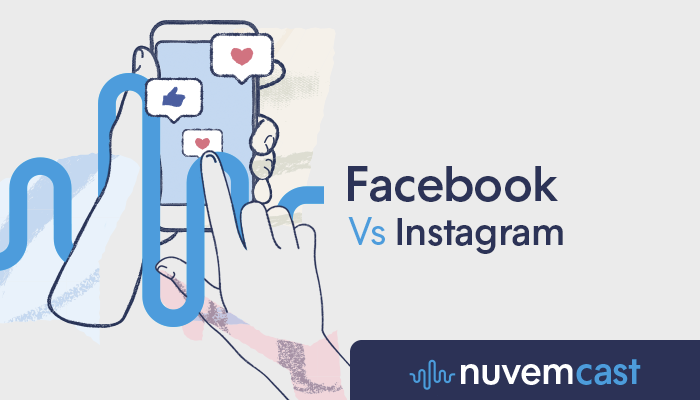 Facebook e Instagram: o Facebook está morrendo? Ilustração de mão mexendo em smartphone curtindo posts, com o texto 'Instagram vs. Facebook' na arte