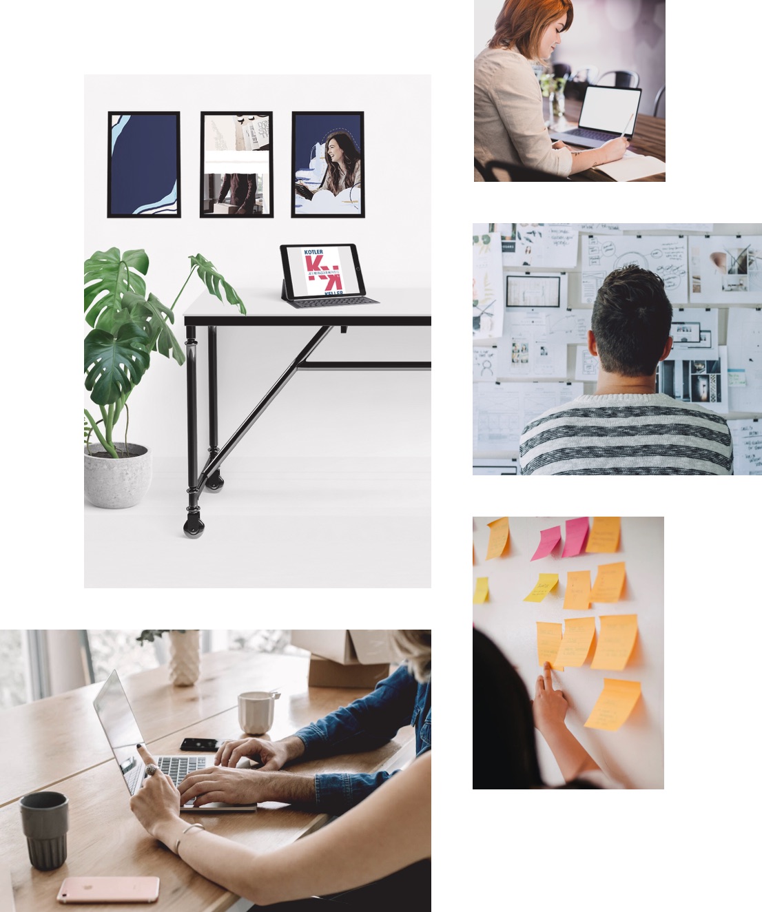 Colagem com quatro imagens de empreendedores fazendo o plano de marketing