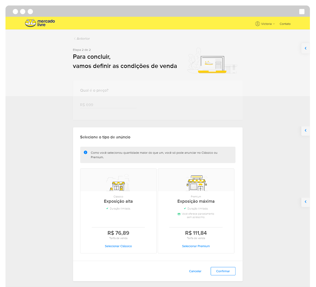 Captura de tela do Mercado Livre na página em que o vendedor seleciona o tipo de anúncio, entre "Exposição Alta" e "Exposição Máxima" dentro do marketplace. Nessa etapa, o preço de cada um é exibido e varia de acordo com o preço definido para o artigo