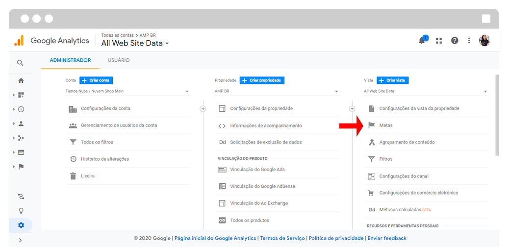 Captura de tela do administrador do Google Analytics, indicando o botão "metas" com uma seta