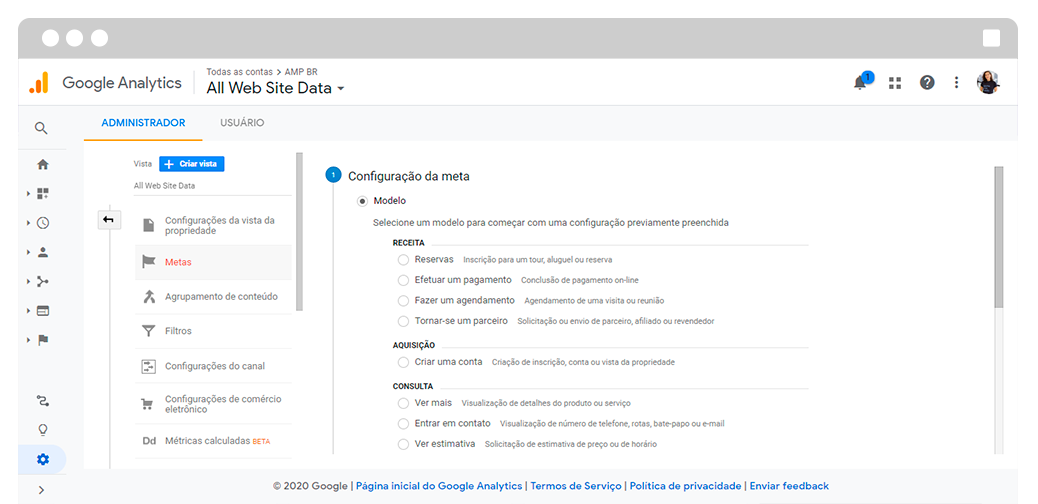Captura de tela do administrador do Google Analytics, na página em que as metas são configuradas