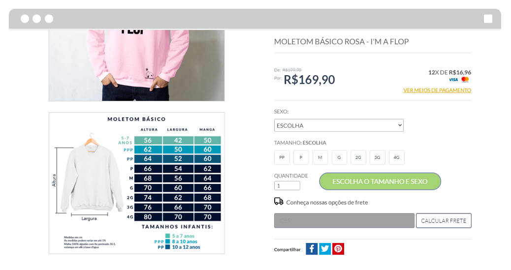 Captura de tela de um e-commerce com uma tabela de medidas para vender roupas online