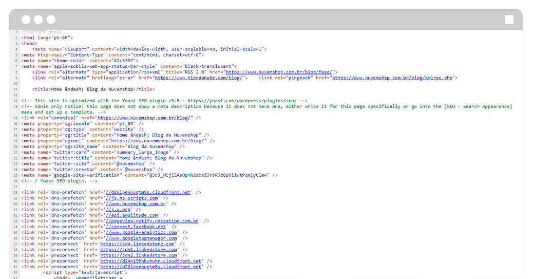 Captura de tela do código-fonte da página inicial do blog da Nuvemshop