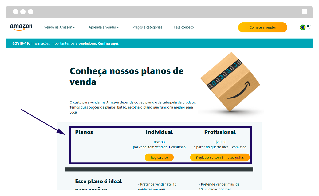 Imagem mostrando a página de planos da Amazon para vendedores.