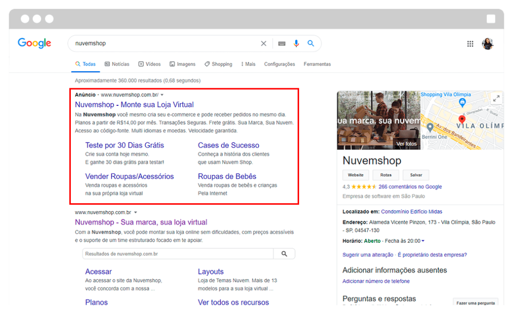 Captura de tela com exemplo de rede de pesquisa, uma forma como anunciar no Google