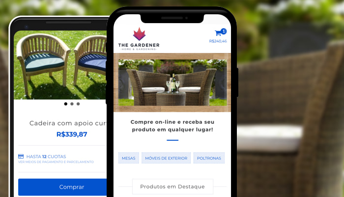 Layout Gardener: usuários felizes e carrinhos cheios Smartphones mostram o layout gardener da nuvemshop