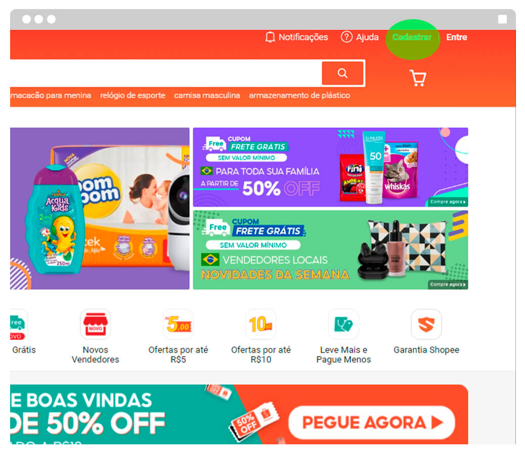 Imagem que representa a página inicial da Shopee. É o primeiro acesso para se cadastrar para vender os seus produtos.