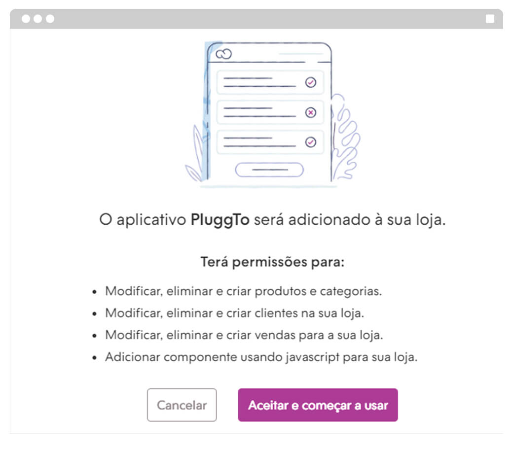  Imagem que representa as permissões do app Plugg.to para integrar a loja Nuvemshop 