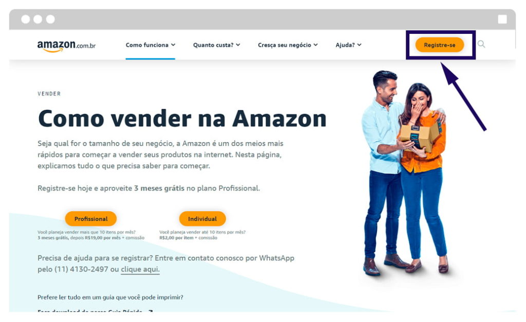 Imagem mostrando a página inicial da Amazon para vendedores.