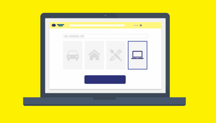 Ilustração de tela de computador com anúncios de produtos sobre fundo amarelo representa como anunciar no Mercado Livre