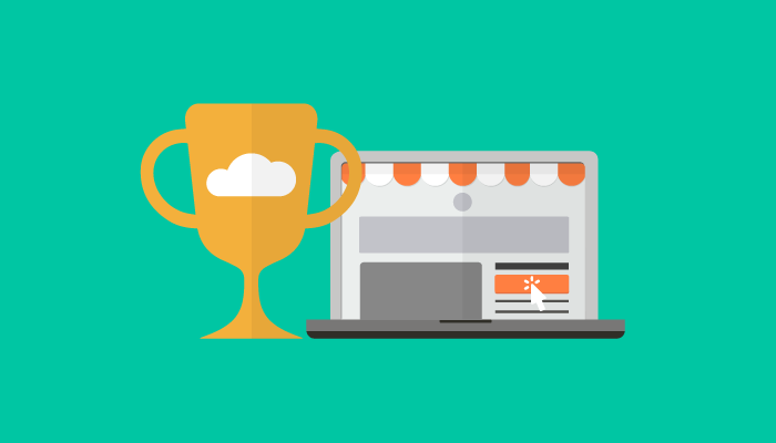 Boas práticas para uma landing page de sucesso Ilustração com tela de computador e troféu ao lado, representando uma landing page de sucesso
