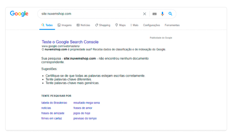 Captura de tela que mostra um site não indexado na página inicial do Google