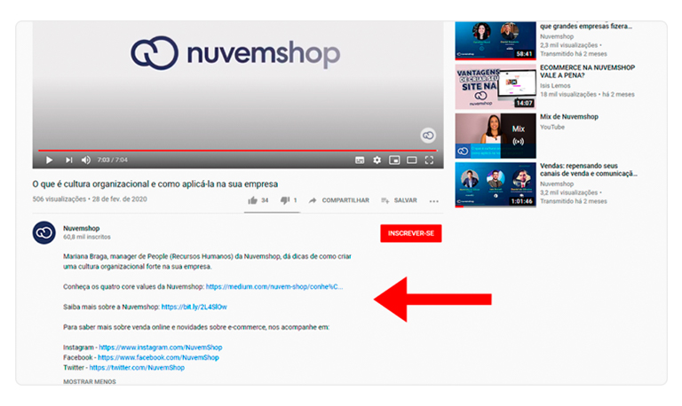 Captura de tela de vídeo da Nuvemshop no YouTube, com links para o site e as redes sociais na descrição