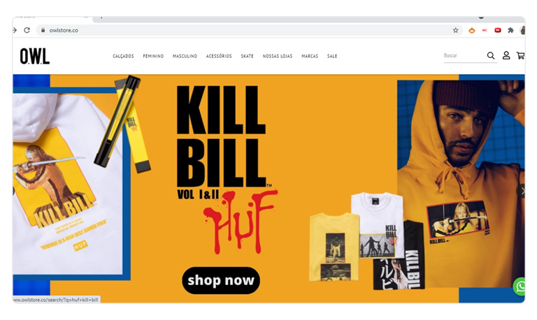 Mockup com print do site da loja OWL para representar como montar uma loja virtual de roupas.