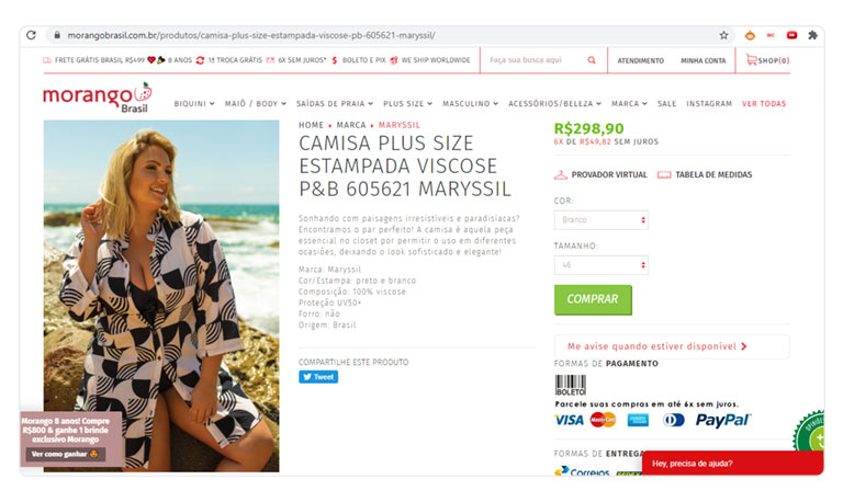 Mockup com print de um produto na loja Morango Brasil para representar a legenda em lojas virtuais de roupa.
