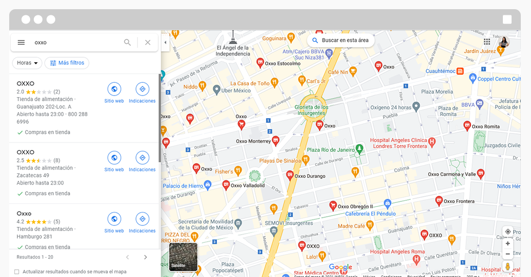 Ubicación de tiendas físicas Oxxo en la Ciudad de México en Google Maps
