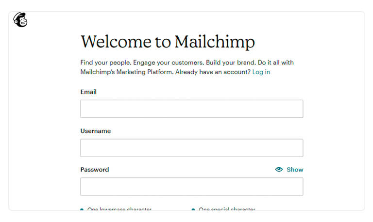 Captura de tela da página de login do MailChimp