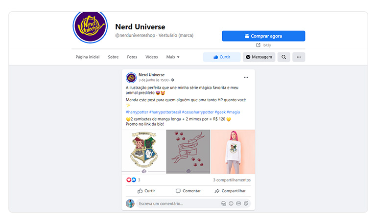 Captura de tela de postagem no Facebook da loja Nerd Universe, mostrando detalhes das imagens