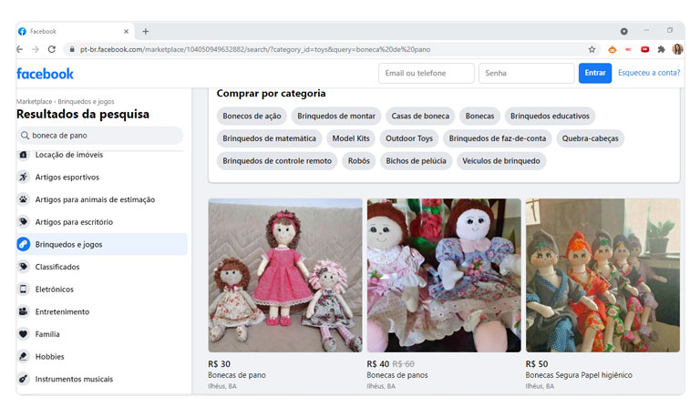 Mockup do Marketplace do Facebook representar como vender artesanato pela internet.