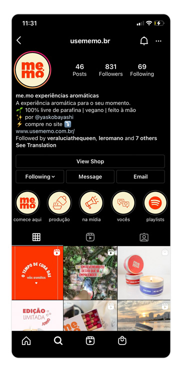 Mockup do perfil do Instagram da loja de vela artesanais Me.Mo representar como vender artesanato pela internet.