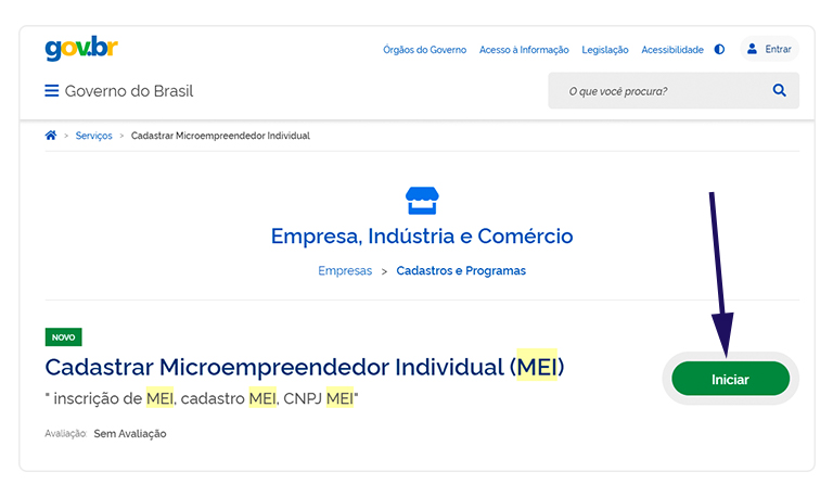 Captura de tela do site do Governo Federal sobre como abrir um MEI.