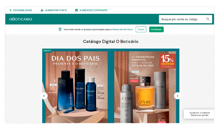 Captura de tela do catálogo online do O Boticário sobre como criar um site.