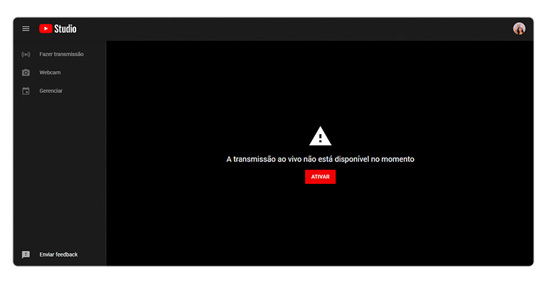 Captura de tela do YouTube Studio que diz que a opção de live não está ativa