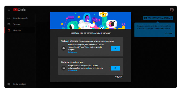 Captura de tela do YouTube Studio, mostrando as opções de iniciar ou de agendar a live