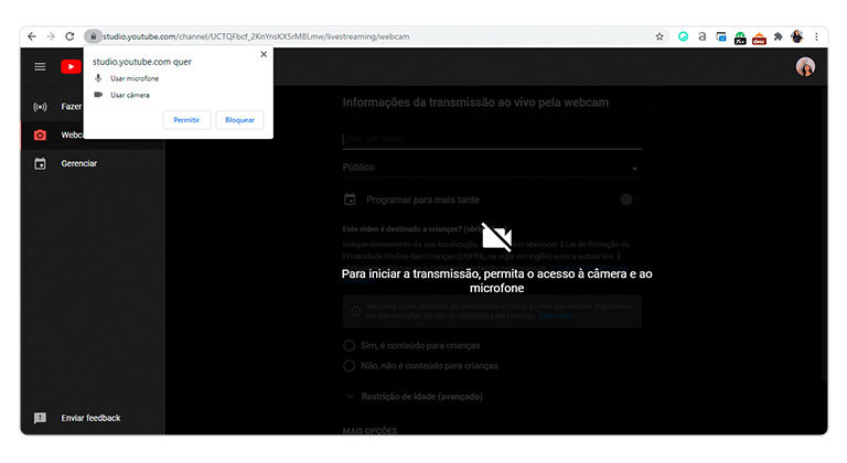 Captura de tela do YouTube Studio mostrando o pedido de acesso à câmera e ao microfone do computador