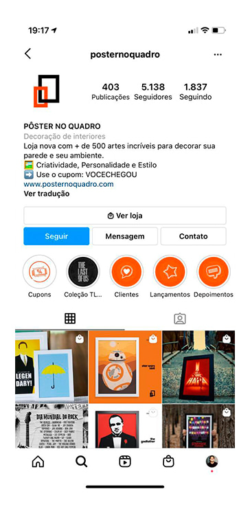 Captura de tela do Instagram da loja Poster No Quadro, exemplificando como vender nas redes sociais.