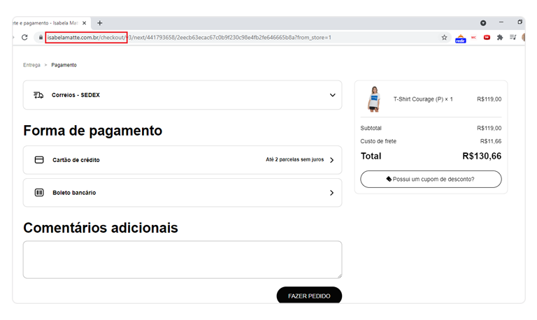 Mockup mostrando a etapa de checkout transparente no site Isabela Matte.