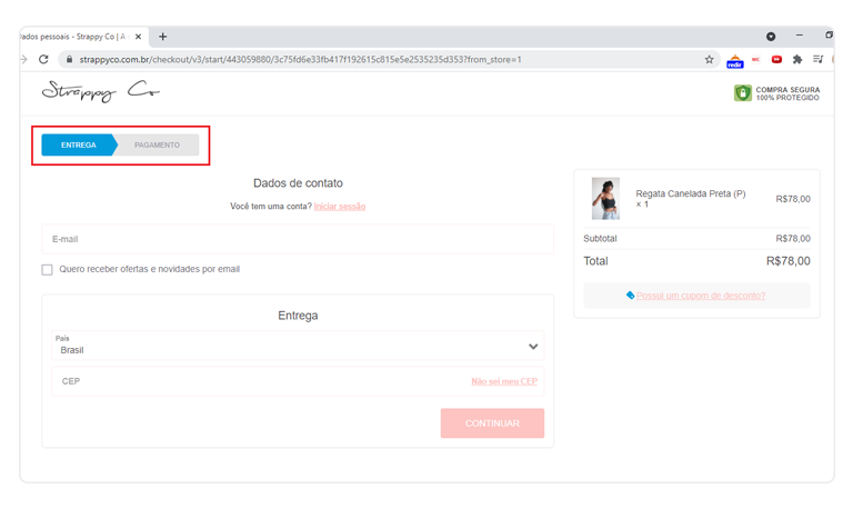 Mockup mostrando a etapa de checkout transparente no site Strappy Co.
