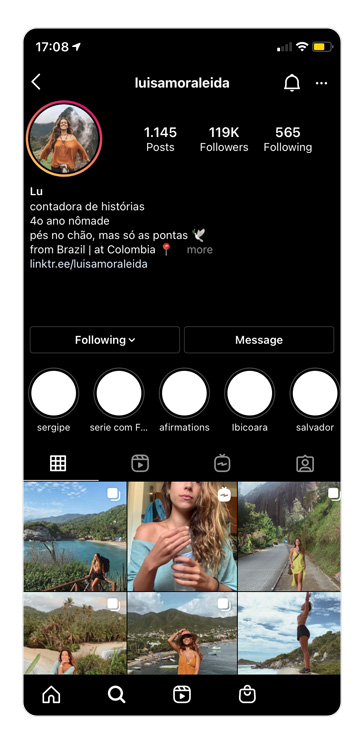Perfil no Instagram da influenciadora digital Luisa Moraleida.