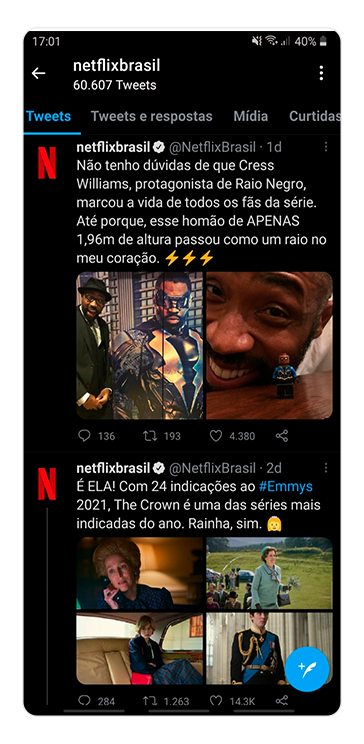 Captura de tela mostrando o Twitter da Netflix Brasil