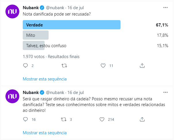 Tweet feito pelo Nubank para dar exemplo de como melhorar o engajamento no Twitter.