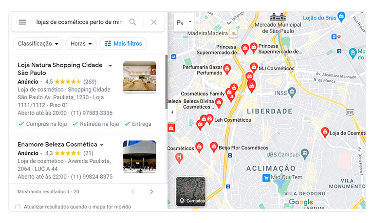 captura de tela do termo lojas cosméticos perto de mim no Google Maps, outro tipo de exibição das campanhas locais no Google Anúncio