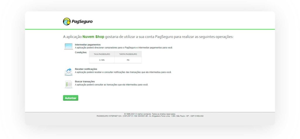 Captura de tela da página onde se autoriza a integração entre o PagSeguro e sua loja Nuvemshop