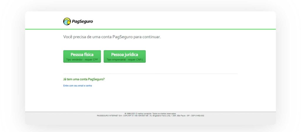 Captura de tela da página para iniciar o cadastro no PagSeguro