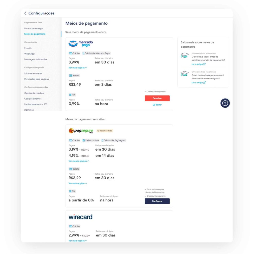 Captura de tela do painel administrativo mostrando PagSeguro como opção de pagamento