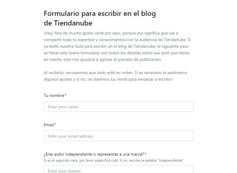 Formulario para colaborar en el blog de Tiendanube
