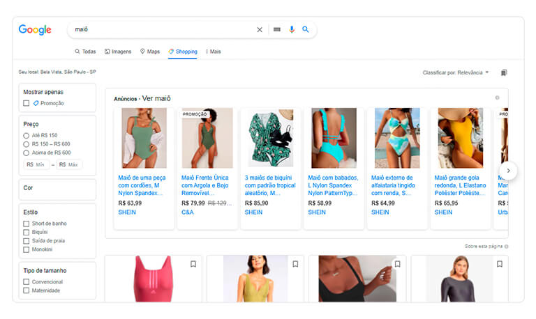 captura de tela do termo maiô na pesquisa no campo shopping do Google, exemplificando a campanha de Google Shopping do Google Anúncio