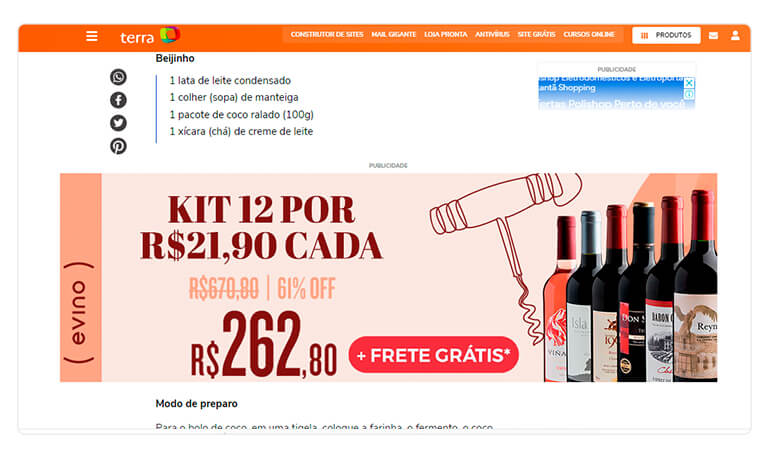 captura de tela de banner de loja de vinhos em uma página na internet, exemplificando a campanha de rede display da publicidade do Google