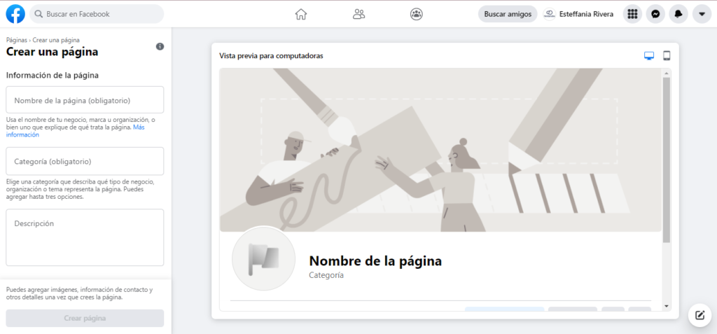 Pantalla de Facebook para crear Página de negocio con ilustración y logo de facebook