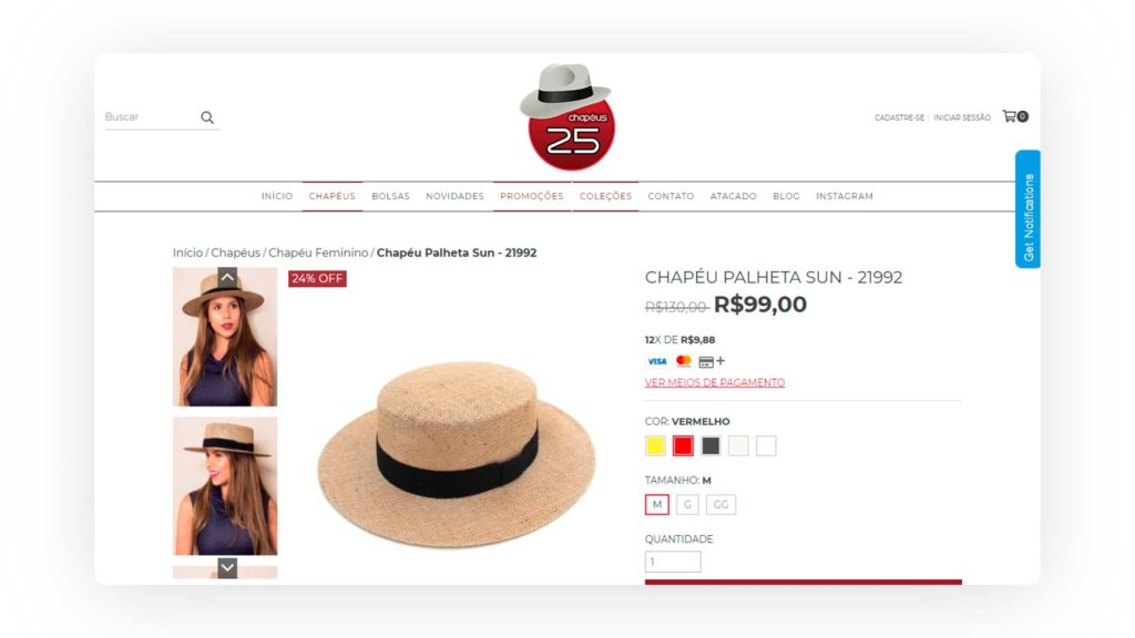 Captura de tela da loja Chapéus 25 mostra os tipos de fotos usados na apresentação de produtos
