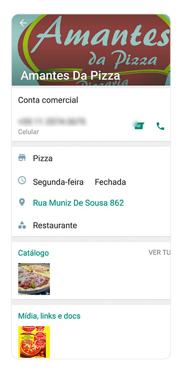 captura de tela do perfil comercial de uma conta do WhatsApp Business, que permite a integração do catálogo de produtos no perfil