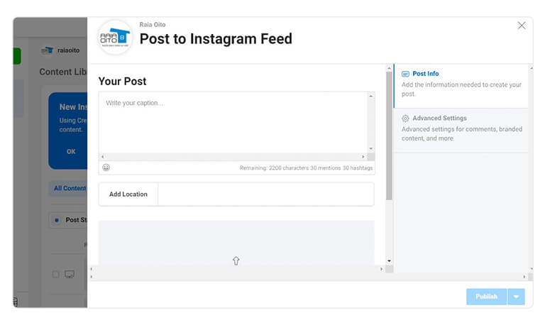 captura de tela do estúdio de criação de Facebook, para fazer o upload de mídias e fazer as configurações necessárias antes de programar o post no Instagram