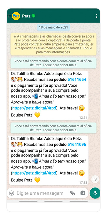 captura de tela de mensagem de confirmação de compra, uma das funcionalidade do WhatsApp Business API