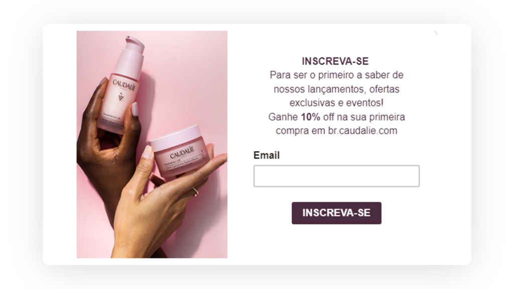 Print de um pop-up no site da marca de cosméticos da Caudalíe convidando as pessoas a se inscreverem na newsletter como uma forma de diferencial competitivo