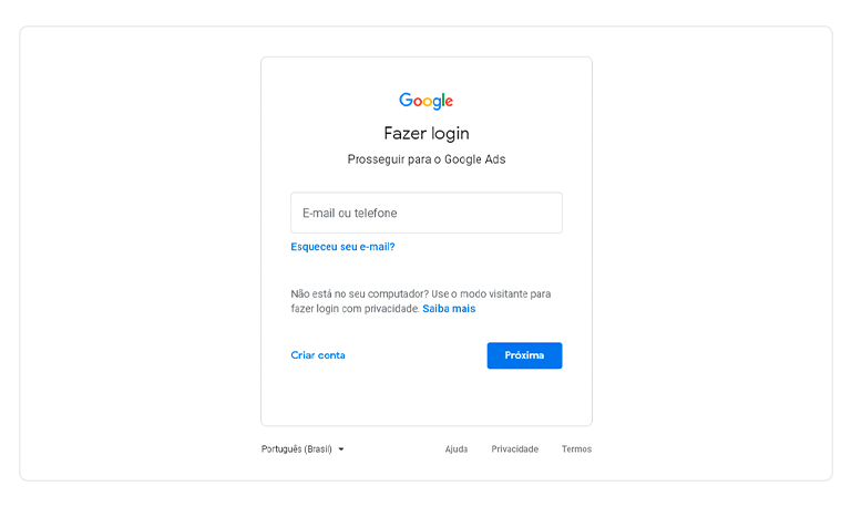 Imagem mostrando como criar conta no Google Ads.